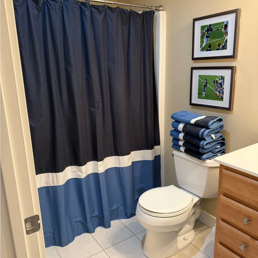 Pottery Barn Teen Dark Blue and Light Blue Shower Curtain, rug & towels.